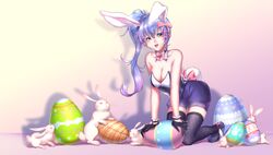  animal_ears artist_name ayu_(force_of_will) bad_id bad_pixiv_id bare_shoulders blue_hair bow bowtie breasts cleavage coffinkun easter_egg egg female force_of_will gloves long_hair rabbit rabbit_ears rabbit_tail side_ponytail solo tail thighhighs yellow_eyes 