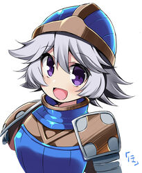  :d armor blue_armor commentary_request farrah_(granblue_fantasy) female granblue_fantasy grey_hair helmet hoppege looking_at_viewer open_mouth purple_eyes short_hair smile solo 