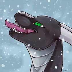  1:1 anthro black_body black_scales digital_media_(artwork) dragon fangs green_eyes headshot_portrait horn icon kellwolfik male mythological_creature mythological_scalie mythology open_mouth portrait scales scalie shaded sharp_teeth side_view smile snow snowing solo teeth tongue tongue_out 