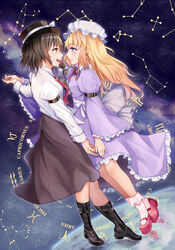  2girls aquarius_(symbol) aries_(symbol) arm_at_side armband big_dipper black_footwear black_skirt blonde_hair blue_eyes bobby_socks boots brown_eyes brown_hair cancer_(symbol) capricorn_(symbol) commentary_request constellation crux_(constellation) dress earth_(planet) eye_contact frilled_skirt frilled_sleeves frills from_side gemini_(symbol) ghostly_field_club hair_between_eyes hat hat_ribbon highres holding_hands juliet_sleeves kevn libra_(symbol) lips long_hair long_sleeves looking_at_another maribel_hearn milky_way mob_cap multiple_girls open_mouth orion_(constellation) outstretched_arm pisces_(symbol) planet profile puffy_sleeves purple_dress red_footwear ribbon scorpio_(symbol) shirt short_hair skirt socks space star_(sky) taurus_(symbol) teeth touhou upper_teeth_only ursa_major_(constellation) usami_renko virgo_(symbol) white_legwear white_shirt yuri zodiac zodiac_wheel 