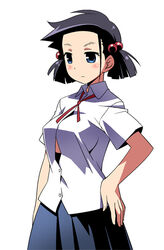  black_hair blue_eyes blush commentary_request female hair_bobbles hair_ornament hand_on_own_hip himematsu_school_uniform no_bra ribbon saki_(manga) school_uniform short_hair skirt solo twintails ueshige_suzu umekichi 