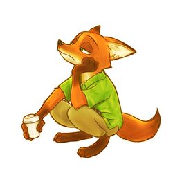  1:1 2016 anthro barefoot beverage biped brown_body brown_fur brown_tail_tip canid canine coffee dipstick_tail disney feet food fox frown fur green_eyes half-closed_eyes kneeling male mammal markings mortic_ox multicolored_tail narrowed_eyes nick_wilde orange_body orange_fur plantigrade red_fox simple_background sitting solo tail tail_markings true_fox two_tone_tail white_background zootopia 