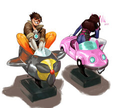  2girls bodysuit bomber_jacket brown_hair d.va_(overwatch) goggles grin headphones jacket kiddie_ride multiple_girls overwatch pilot_suit redblacktac smile tracer_(overwatch) weight_conscious 