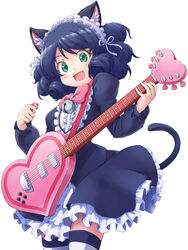  animal_ears bell blue_dress blue_hair bow bowtie cat_ears cat_girl cat_tail commentary cowboy_shot cyan_(show_by_rock!!) dot_nose dress drill_hair female frilled_dress frills green_eyes guitar heart heart_guitar highres holding holding_instrument iguchi_(strawmat) instrument juliet_sleeves long_sleeves looking_at_viewer maid_headdress music oerba_yun_fang open_mouth pink_bow pink_bowtie playing_instrument plectrum puffy_sleeves show_by_rock!! simple_background smile solo striped_clothes striped_thighhighs tail thighhighs white_background 