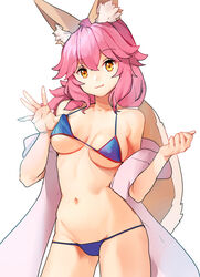  :3 animal_ear_fluff animal_ears bare_shoulders bikini blue_bikini breasts commentary_request cowboy_shot fate/grand_order fate_(series) female fox_ears fox_tail hair_between_eyes halterneck long_hair looking_at_viewer medium_breasts navel pink_hair shovelwell simple_background solo swimsuit tail tamamo_(fate) tamamo_no_mae_(swimsuit_lancer)_(fate) unfinished 