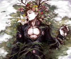  1boy blonde_hair commentary_request flower giorno_giovanna jojo_no_kimyou_na_bouken male_focus photoshop_(medium) plant sb_(hiratsei) sleeping solo tree vento_aureo vines 