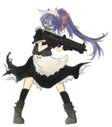  animal_ears blue_hair boots bow cat_ears dmt_(auburn) female gun hairbow holding holding_gun holding_weapon long_hair maid maid_headdress noihara_himari omamori_himari ponytail purple_eyes solo standing weapon 