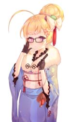  absurdres adjusting_eyewear ahoge azur_lane bad_id bad_pixiv_id black-framed_eyewear blue_kimono bow brown_gloves commentary_request eldridge_(azur_lane) eldridge_(new_year&#039;s_outing)_(azur_lane) facial_mark female floral_print flower folded_fan folding_fan fur_collar glasses gloves hair_bun hair_flower hair_ornament hairbow half_gloves hand_fan hand_up highres holding holding_fan japanese_clothes kimono long_sleeves looking_at_viewer obi official_alternate_costume official_alternate_hairstyle pink_eyes pink_flower print_kimono reel_(riru) sash simple_background single_hair_bun solo white_background white_bow wide_sleeves 