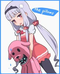  blouse blunt_bangs blush buster-kun capri_pants commentary_request english_text female galaktika gazacy_(dai) grey_hair hairband hoshimiya_kate long_hair pants red_eyes scrunchie sekai_seifuku:_bouryaku_no_zvezda shirt short_sleeves solo stuffed_animal stuffed_dog stuffed_toy the_pillows tongue tongue_out twintails very_long_hair 