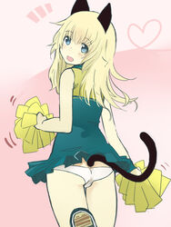  animal_ears blonde_hair blue_eyes blush cat_ears cat_girl cat_tail cheerleader commentary_request female heart heart_of_string helma_lennartz highres izuoku long_hair lowleg lowleg_panties open_mouth panties pink_background pom_pom_(cheerleading) shaking shoes solo strike_witches:_suomus_misfits_squadron tail underwear world_witches_series 