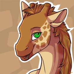  1:1 ambiguous_gender anthro digital_media_(artwork) fur giraffe giraffid green_eyes horn kellwolfik looking_at_viewer mammal multicolored_body multicolored_fur ossicone shaded simple_background smile solo tongue tongue_out two_tone_body two_tone_fur 