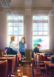  1boy 2girls :d absurdres arm_support bag black_eyes black_hair black_socks blue_bow blue_bowtie blue_jacket blue_skirt blue_sky blue_sweater bow bowtie brown_eyes brown_hair ceiling ceiling_light chair cherry_blossoms classroom closed_eyes cloud cloudy_sky crossed_legs full_body highres indoors jacket kimi_no_suizou_wo_tabetai lee_si-min long_sleeves looking_at_another multiple_girls official_art open_mouth scan school_uniform shiga_haruki shirt short_hair shoulder_bag sitting skirt sky smile socks sweater table takimoto_kyoko watch white_footwear white_shirt window wristwatch yamauchi_sakura 