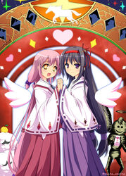  2girls adapted_costume akemi_homura anthony_(madoka_magica) ayuhara_hiiro bad_id bad_pixiv_id black_hair blush commentary_request cosplay daniyyel+jennifer hairband hakama hakama_skirt heart highres holding_hands interlocked_fingers japanese_clothes kaname_madoka long_hair looking_at_viewer low-tied_long_hair mahou_shoujo_madoka_magica mahou_shoujo_madoka_magica_(anime) matching_outfits miko multiple_girls open_mouth pink_hair purple_eyes purple_hakama red_hairband red_hakama ribbon-trimmed_sleeves ribbon_trim shinto short_hair skirt smile ultimate_madoka very_long_hair yellow_eyes 