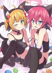  ;3 absurdres ahoge androgynous animal_ears animal_hands antenna_hair ball bare_shoulders bell bell_earrings between_legs black_legwear blonde_hair blue_eyes blush bow camisole cat_ears cat_tail choker collarbone commentary_request curtains earrings fake_animal_ears fake_tail flat_chest gender_request gloves green_eyes hairbow highres jewelry jingle_bell kneeling knees_up looking_at_viewer oerba_yun_fang one_eye_closed open_mouth original paw_gloves pink_hair pleated_skirt polka_dot polka_dot_bow ribbon_choker short_hair shorts sitting skirt smile strap_slip tail takanashi_sora_(soramyon) thighhighs v_arms window 