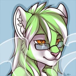  1:1 ambiguous_gender anthro digital_media_(artwork) eyewear felid glasses hair kellwolfik mammal multicolored_hair shaded simple_background smile solo two_tone_hair 