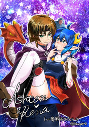  1boy ashton_anchors ass bad_id bad_pixiv_id blue_eyes blue_hair blush breasts carrying closed_mouth commentary_request crescent crescent_hair_ornament female fur_trim gloves hair_ornament headband princess_carry rena_lanford ryuuzaki_victorias_mochi short_hair smile star_ocean star_ocean_the_second_story thighhighs 