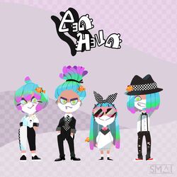  2boys 2girls absurdres artist_name blue_sclera boater_hat bow bowtie checkered_background clownfish colored_sclera commentary english_commentary facial_hair fish full_body goatee gradient_hair green_eyes grey_background hair_over_one_eye hands_in_pockets highres lineup logo looking_at_viewer multicolored_hair multiple_boys multiple_girls original sami_briggs sea_anemone splatoon_(series) sunglasses sweater tropical_fish 