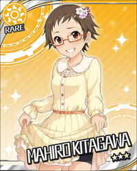  artist_request brown_eyes brown_hair card_(medium) character_name female flower glasses hair_flower hair_ornament hairclip idolmaster idolmaster_cinderella_girls kitagawa_mahiro official_art orange-framed_eyewear orange_background short_hair solo sun_symbol 