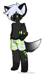  alpha_channel anthro black_body black_fur blue_hair boxers_(clothing) canid canine clothing freeze-pop88 fur green_body green_eyes green_fur grey_body grey_fur hair hi_res male mammal simple_background solo text underwear url 