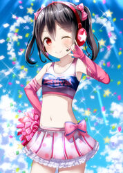  ;) \m/ black_hair blush bow cheerleader closed_mouth cloud collarbone confetti cowboy_shot crop_top day elbow_gloves english_text female fingerless_gloves gloves hair_between_eyes hairbow hand_on_own_hip headset looking_at_viewer love_live! love_live!_school_idol_project midriff miniskirt morerin navel oerba_yun_fang one_eye_closed outdoors photoshop_(medium) pink_gloves pleated_skirt polka_dot polka_dot_skirt pom_pom_(cheerleading) red_eyes shirt skirt sky sleeveless smile solo star_(symbol) takaramonozu tank_top taut_clothes taut_shirt twintails yazawa_nico 