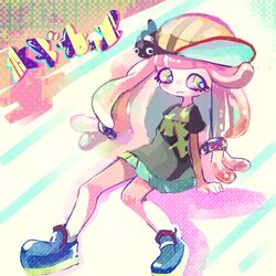  aqua_skirt arm_support baseball_cap black_shirt blue_eyes blunt_bangs blush clownfish commentary_request eyelashes female fish green_eyes hair_ornament harmony&#039;s_clownfish_(splatoon) harmony_(splatoon) hat long_hair miniskirt mizoreame multicolored_eyes pink_hair pleated_skirt ringed_eyes sanpaku shirt shoes short_sleeves sitting skirt solo splatoon_(series) splatoon_1 striped_clothes striped_headwear t-shirt tentacle_hair 