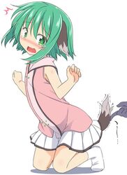  ^^^ animal_ears bare_arms blush commentary_request d: dog_ears dog_tail female grabbing_another&#039;s_tail green_eyes green_hair hands jpeg_artifacts kasodani_kyouko kazawa_(tonzura-d) kneeling miniskirt open_mouth sexual_harassment shirt skirt sleeveless sleeveless_shirt socks solo_focus tail tears touhou trembling uncommon_stimulation wavy_mouth white_background 