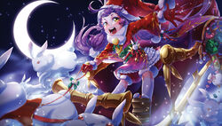  alternate_costume animal_ears bad_id bad_pixiv_id blush christmas coffinkun female force_of_will fur_trim gift gloves hat kaguya_(force_of_will) long_hair low_twintails moon night night_sky open_mouth purple_hair rabbit rabbit_ears rabbit_tail sandals santa_costume santa_hat sky solo sparkle star_(sky) tail teeth thighhighs twintails yellow_eyes 