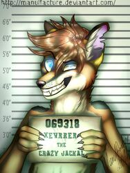  2017 3:4 anthro brown_hair canid canine canis chart chart_background claws english_text fur glowing glowing_eyes hair height_chart hi_res holding_object holding_sign imperial_unit jackal jail_placard mammal manulfacture number placard police_lineup sign simple_background smile solo teeth text unit xevrrer_(character) 