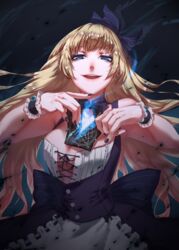  apron bad_id bad_pixiv_id blonde_hair bow bowtie bracelet breasts card center_opening cleavage coffinkun dark_alice_(force_of_will) earrings female force_of_will highres jewelry long_hair nail_polish open_mouth purple_eyes solo teeth 