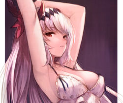  armpits arms_up babydoll bad_id bad_pixiv_id bare_arms bare_shoulders breasts cleavage commentary_request covered_nipples dark_jeanne female frills granblue_fantasy hair_ornament highres jeanne_d&#039;arc_(granblue_fantasy) koretsuki_azuma long_hair looking_at_viewer medium_breasts parted_lips red_eyes revision solo upper_body white_babydoll white_hair 