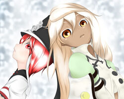  2girls back-to-back bad_anatomy commentary_request dark-skinned_female dark_skin denka_plus guilty_gear guilty_gear_2 guilty_gear_xrd hat multiple_girls orange_eyes ramlethal_valentine red_eyes red_hair valentine_(guilty_gear) white_hair 