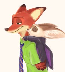  2016 anthro canid canine carrying_another clothed clothing costume disney duo elephant_costume fennec_fox finnick_(zootopia) fox fully_clothed fur furry_wearing_fursuit fursuit green_eyes half-closed_eyes long_ears male mammal mortic_ox narrowed_eyes nick_wilde open_mouth orange_body orange_fur piggyback red_fox simple_background smile suit tan_body tan_fur true_fox white_background yawn zootopia 