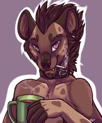  anthro beverage brown_hair cigarette clothed clothing coffee collar digital_media_(artwork) ear_piercing facial_hair fangs food goatee hair hyena kellwolfik looking_at_viewer male mammal notched_ear outline piercing shaded simple_background smile smoke smoking solo spotted_hyena teeth topless 