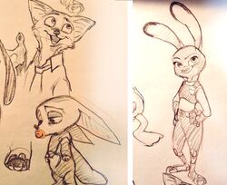  2016 anthro badge canid canine clothing costume disney duo female fennec_fox finnick_(zootopia) fox half-closed_eyes hands_on_hips heart_symbol judy_hopps lagomorph leporid looking_at_viewer looking_down looking_up male mammal mortic_ox multiple_images narrowed_eyes necktie nick_wilde open_mouth plantigrade police police_officer rabbit red_fox simple_background solo solo_focus standing tongue traditional_media_(artwork) true_fox white_background zootopia 