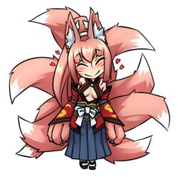  ^_^ animal_ear_fluff animal_ears animal_hands blush center_opening chibi claws closed_eyes detached_sleeves facial_mark female fox_ears fox_tail heart long_hair mon-musu_quest! monorus multiple_tails pink_hair ponytail simple_background smile solo tail white_background yao_(mon-musu_quest!) 