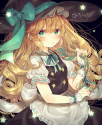  alternate_eye_color apron aqua_bow aqua_eyes aqua_hair aqua_nails aqua_ribbon black_background black_hat black_skirt black_vest blonde_hair blush bow braid breasts commentary_request cowboy_shot female frilled_apron frills hair_between_eyes hand_up hat hat_bow highres holding holding_own_hair kirisame_marisa long_hair looking_at_viewer multicolored_hair nail_polish neck_ribbon puffy_short_sleeves puffy_sleeves ribbon shirt short_sleeves simple_background single_braid skirt skirt_set small_breasts solo star_(symbol) streaked_hair touhou vest waist_apron white_apron white_shirt witch_hat wrist_cuffs youtan 