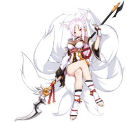  ahoge albino animal_ears ara_haan ara_haan_(celestial_fox) asura_(elsword) barefoot bell bow crossed_legs detached_sleeves elsword eun_(elsword) female fingerless_gloves fox_ears fox_tail full_body gloves hairbow jingle_bell long_hair multiple_tails official_art polearm polearm_behind_back red_eyes sando_(dukedevil) shoes skirt smile solo spear tail toeless_legwear transparent_background weapon white_hair 