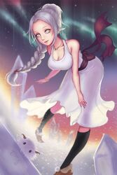  alternate_skin_color aurora bracelet braid breasts cleavage commentary crystal deviantart_username dress eliskalti female grey_eyes grey_hair hair_flaps jewelry kneehighs large_breasts league_of_legends leaning_forward lissandra_(league_of_legends) long_hair looking_at_viewer necklace poro_(league_of_legends) signature single_braid snow socks solo white_dress 