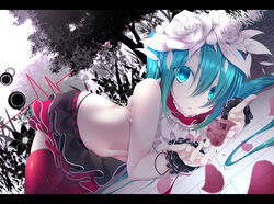  black_skirt bless_you_(module) blue_eyes blue_hair commentary_request female flower hair_flower hair_ornament hatsune_miku letterboxed long_hair looking_at_viewer lying midriff navel nisoku_hokou_(vocaloid) on_side project_diva_(series) red_thighhighs rose skirt solo thighhighs twintails vocaloid white_flower white_rose yoaferia 