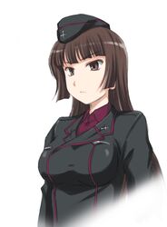  aged_down black_hat black_jacket blunt_bangs brown_eyes brown_hair commentary_request dress_shirt fading female garrison_cap girls_und_panzer hat jacket kuromorimine_military_uniform light_frown long_hair long_sleeves looking_to_the_side mature_female military military_hat military_uniform nishizumi_shiho parted_lips red_shirt shirt simple_background solo standing straight_hair uniform upper_body wan&#039;yan_aguda white_background 