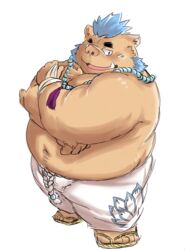  anthro blue_facial_hair blue_sideburns clothed clothing facial_hair ganglie_(tas) jewelry lifewonders liger813 male mammal mohawk necklace overweight overweight_anthro overweight_male sideburns simple_background solo suid suina sus_(pig) tokyo_afterschool_summoners topless white_background wild_boar 