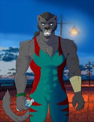  2016 andy_(disambiguation) anthro armpit_hair athlete biceps black_hair body_hair chest_tuft clothing facial_hair felid fur goatee grey_body grey_fur hair hi_res inner_ear_fluff jabuhusky jaguar male mammal melanistic merida mexico muscular muscular_anthro muscular_male night pantherine sideburns simple_background solo spandex tight_clothing tuft 