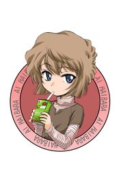  blue_eyes brown_hair brown_shirt character_name circle closed_mouth commentary_request drinking drinking_straw female haibara_ai highres holding juice_box layered_sleeves long_sleeves looking_at_viewer meitantei_conan shirt short_hair short_over_long_sleeves short_sleeves solo striped_clothes striped_shirt wan&#039;yan_aguda 