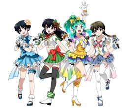  4girls :d alternate_costume ankle_boots aqua_hair arm_up black_hair black_legwear boots bow braid commentary_request creator_connection crop_top full_body gloves hairbow hatorion higurashi_kagome idol inuyasha knee_boots kyoukai_no_rinne leg_up long_hair lum mamiya_sakura mary_janes microphone midriff multiple_girls oerba_yun_fang open_mouth ponytail ranma_1/2 shoes smile space_print stage_lights starry_sky_print tendou_akane thighhighs twin_braids urusei_yatsura white_gloves white_legwear zettai_ryouiki 