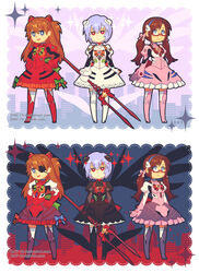  3girls adapted_costume ayanami_rei blue_hair border brown_hair city dav-19 dress dual_persona emotionless evangelion:_2.0_you_can_(not)_advance evangelion:_3.0_you_can_(not)_redo expressionless eyepatch glasses hairband lance_of_longinus makinami_mari_illustrious multiple_girls neon_genesis_evangelion rebuild_of_evangelion smile soryu_asuka_langley sparkle twintails 