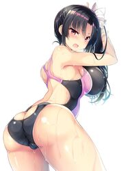  arms_up ass ass_cutout black_hair bow breasts clothing_cutout commentary_request competition_swimsuit cover_image covered_nipples cowboy_shot female from_behind gakkou_de_seishun! glaring hair_ribbon hairbow kamino_saori large_breasts long_hair looking_at_viewer looking_back one-piece_swimsuit open_mouth parted_bangs pink_eyes purple_eyes racerback ribbon sanshoku_amido side_ponytail sideboob sidelocks simple_background solo swimsuit thighs wet white_background white_bow 