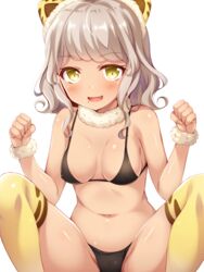  animal_ears bikini black_bikini blush breasts cat_ears commentary_request female fur_trim grey_hair highres looking_at_viewer medium_breasts navel oerba_yun_fang open_mouth pretty_series pripara short_hair simple_background smile solo squatting swimsuit taiyo_pepper thighhighs tiger_rmn white_background yellow_eyes yellow_thighhighs 