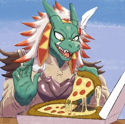  5_fingers 60percentscalie armor cheese clothing dairy_products disappointed fangs fingers food goblin_slayer green_body green_scales horn lizard_priest_(goblin_slayer) lizardman male melted_cheese pizza reptile scales scalie solo teeth 