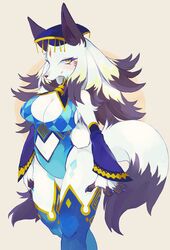  argyle blue_leotard body_fur breasts cleavage clothing_cutout commentary_request daji_(fullbokko_heroes) detached_sleeves female fullbokko_heroes furry furry_female hoko_(coornxx) large_breasts leotard long_hair navel_cutout slit_pupils solo tail thighhighs yellow_eyes 