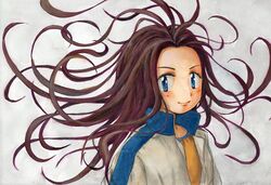  alien_nine alien_nine_emulators blue_eyes brown_hair commentary_request female komai_monami long_hair looking_at_viewer painting_(medium) prehensile_hair school_uniform smile solo tomatomatotto traditional_media upper_body watercolor_(medium) white_background 